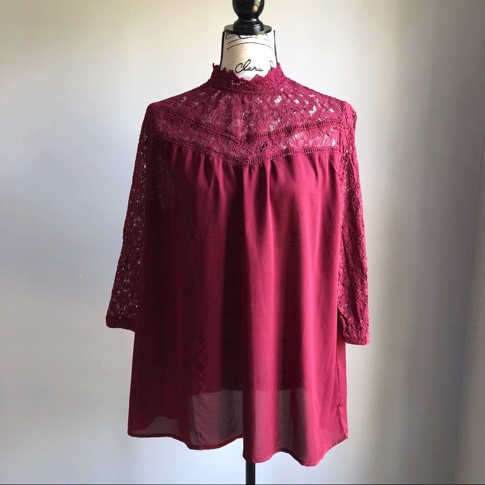 Burgundy Lace Mock Neck Blouse